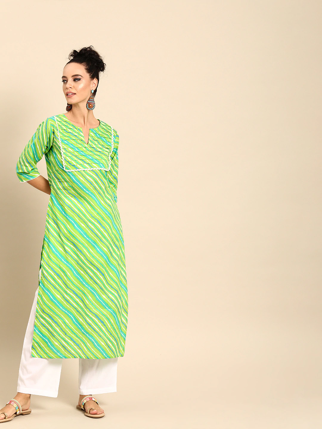 Women's Green Three-Quarter Sleeves Striped Straight Pure Cotton Kurta With Palazzo Set - Nayo Clothing