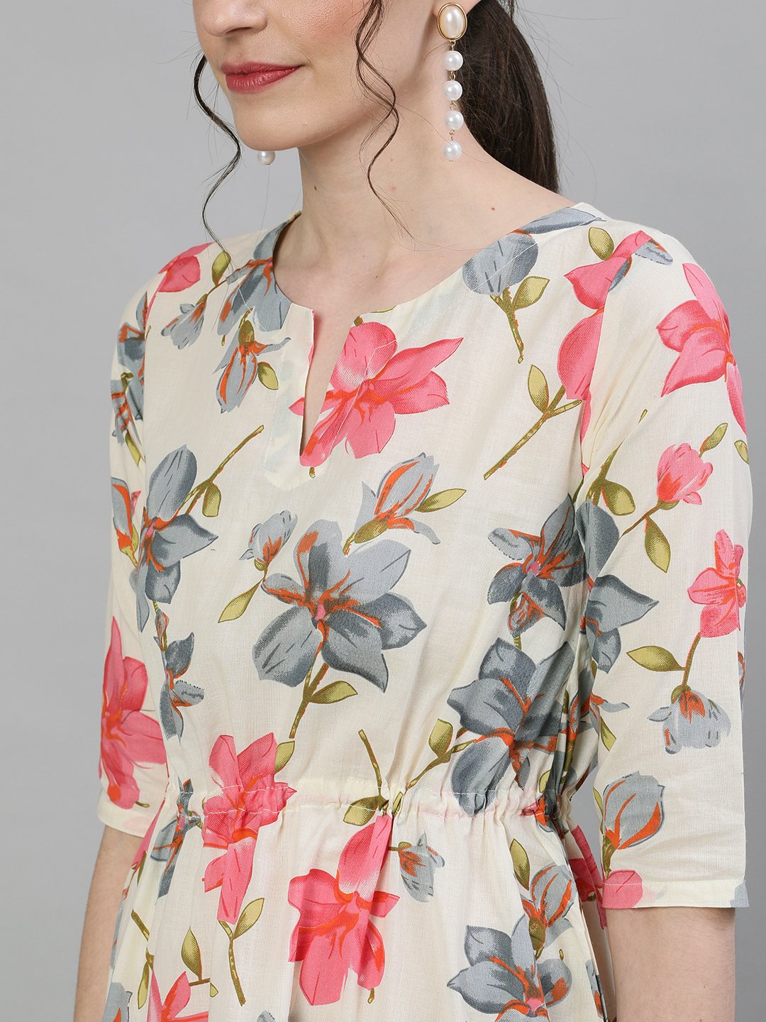 Women's Cream Calf Length Three-Quarter Sleeves A-Line Floral Printed Cotton Kurta - Nayo Clothing