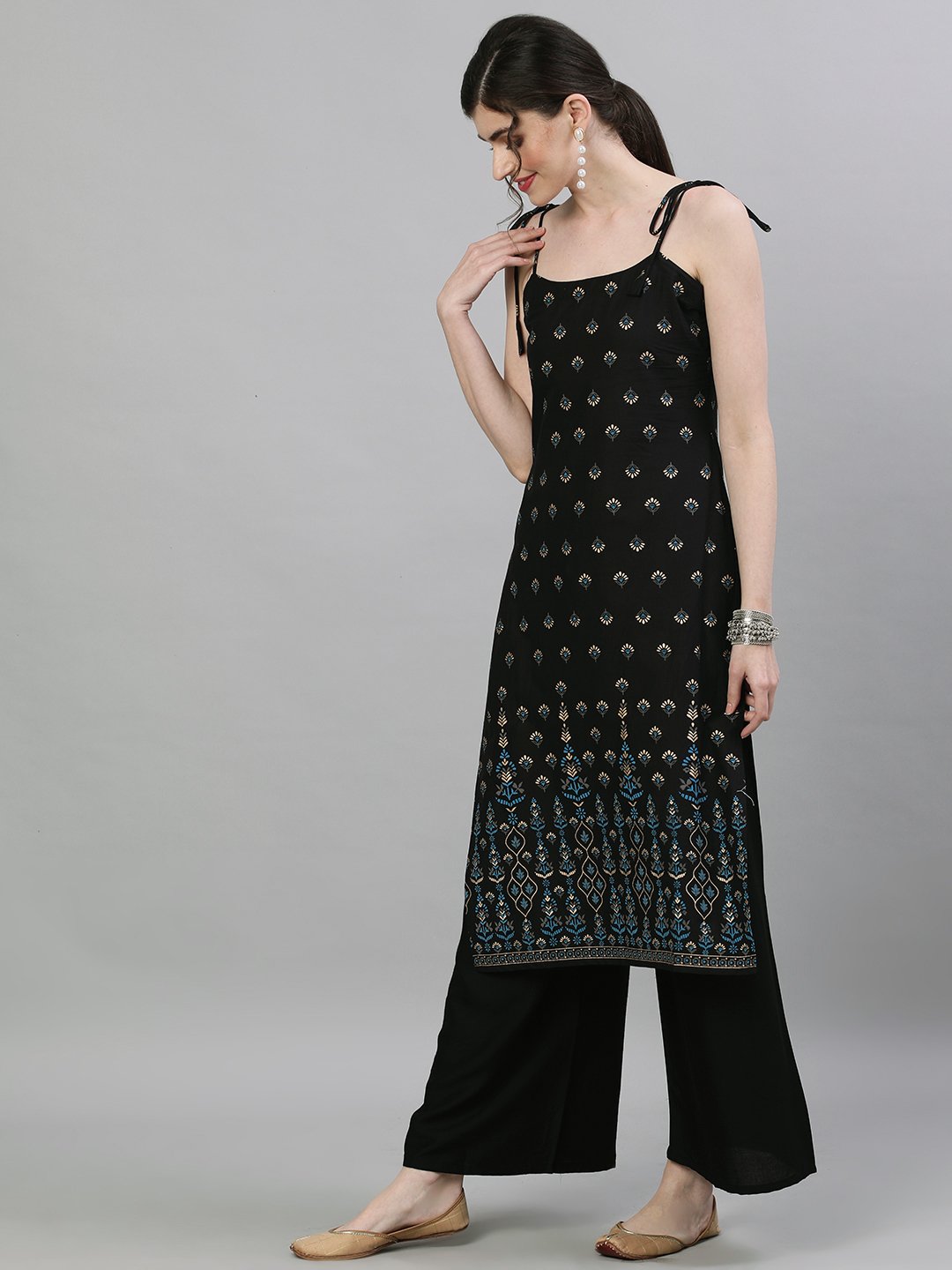 Women's Black Calf Length Sleeveless Straight Ethnic Motifs Printed Cotton Kurta - Nayo Clothing