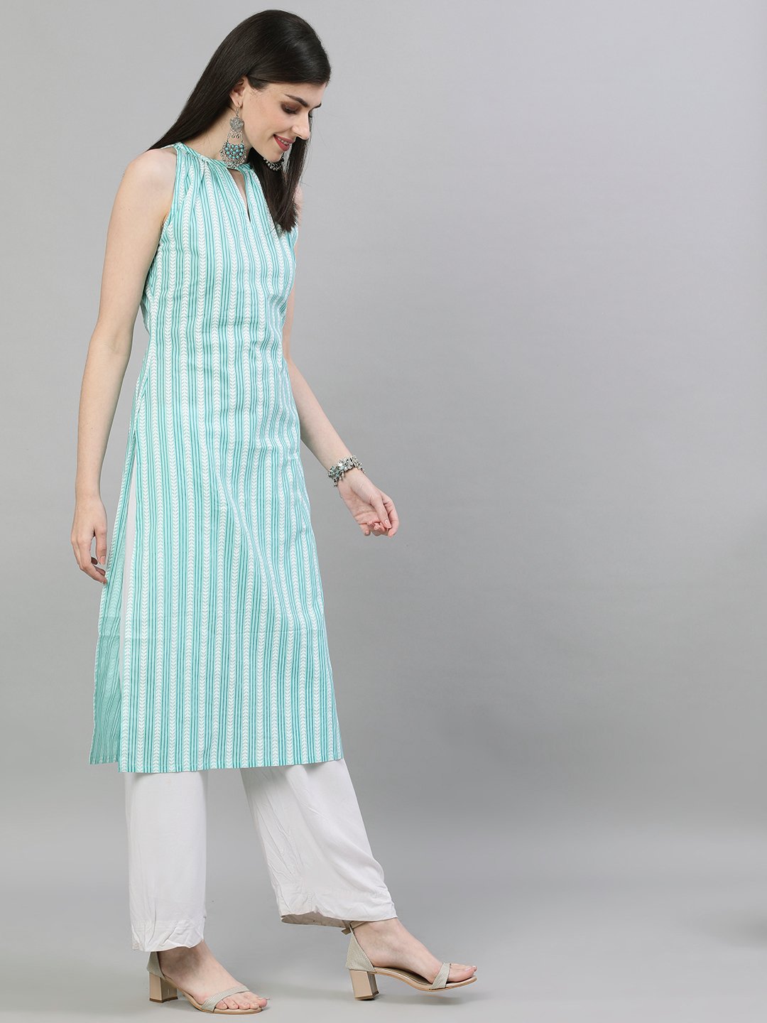 Women's Aqua Green Calf Length Sleeveless Straight Striped Printed Cotton Kurta - Nayo Clothing