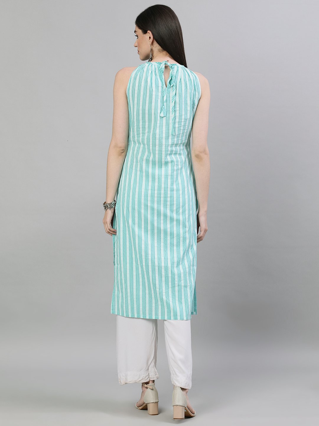 Women's Aqua Green Calf Length Sleeveless Straight Striped Printed Cotton Kurta - Nayo Clothing
