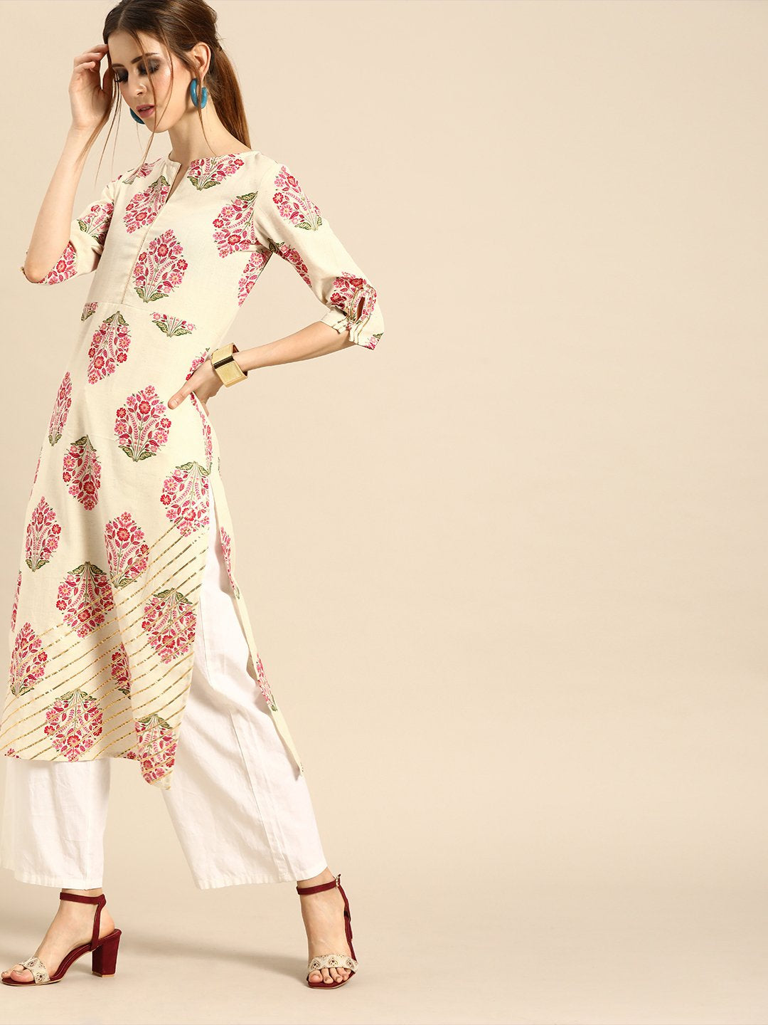 Women's Cream Calf Length Three-Quarter Sleeves Straight Ethnic Motifs Printed Cotton Kurta - Nayo Clothing