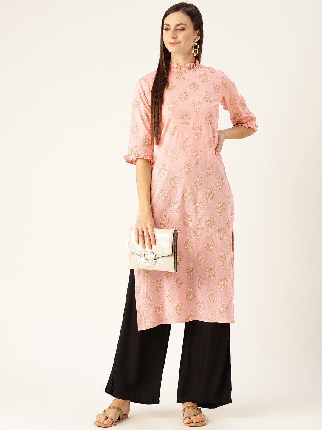 Women's Pink Calf Length Three-Quarter Sleeves Straight Ethnic Motifs Printed Cotton Kurta - Nayo Clothing