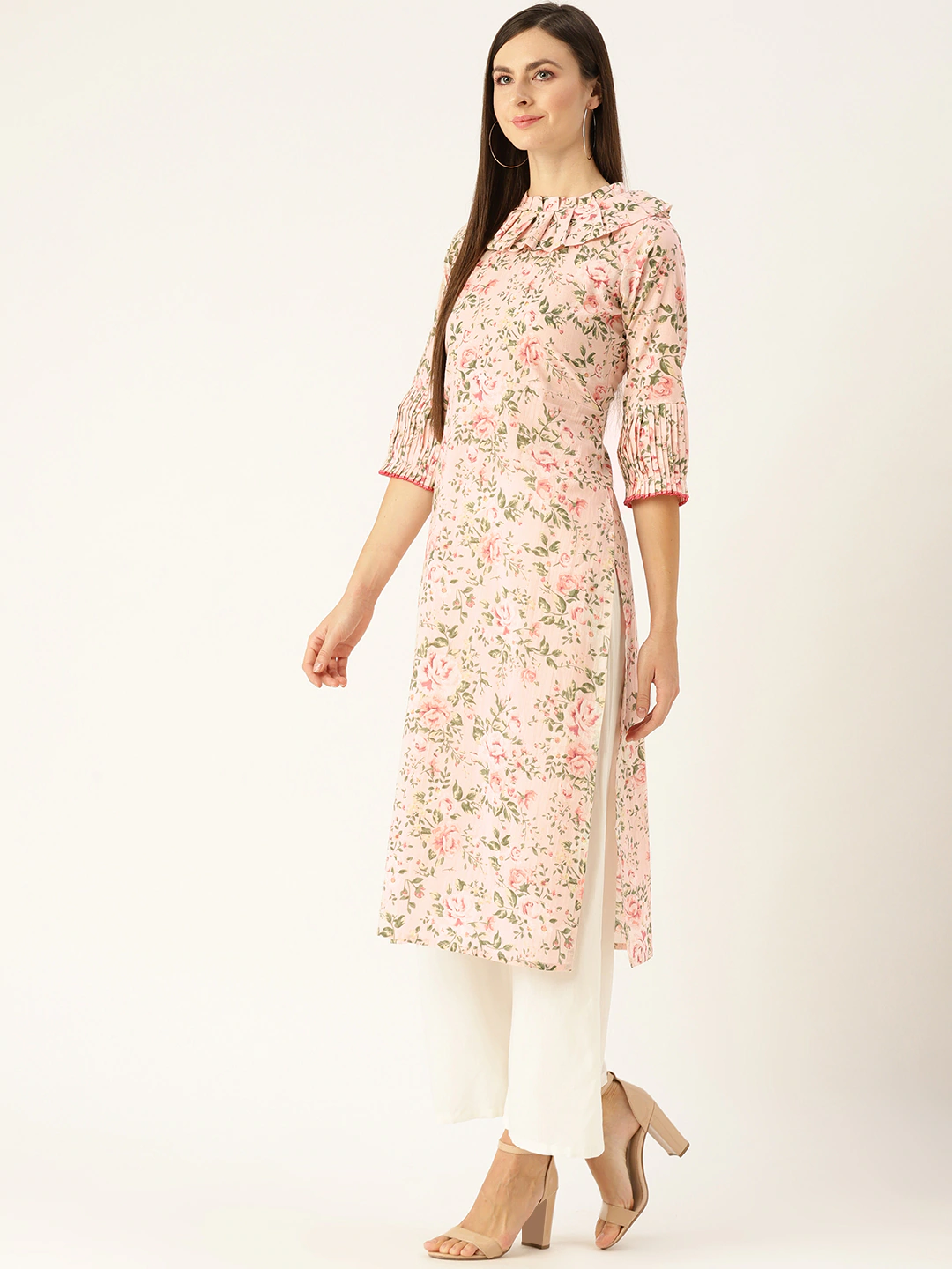 Women's Pastel Pink Calf Length Three-Quarter Sleeves Straight Floral Printed  Kurta - Nayo Clothing