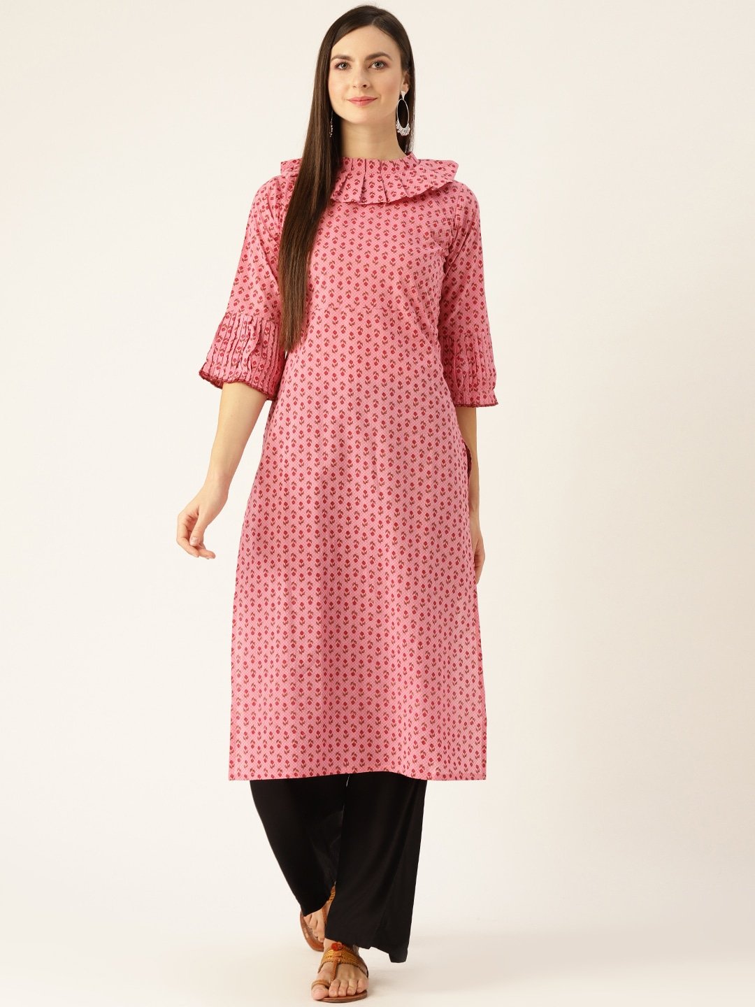 Women's Pink Calf Length Three-Quarter Sleeves Straight Ethnic Motifs Printed  Kurta - Nayo Clothing