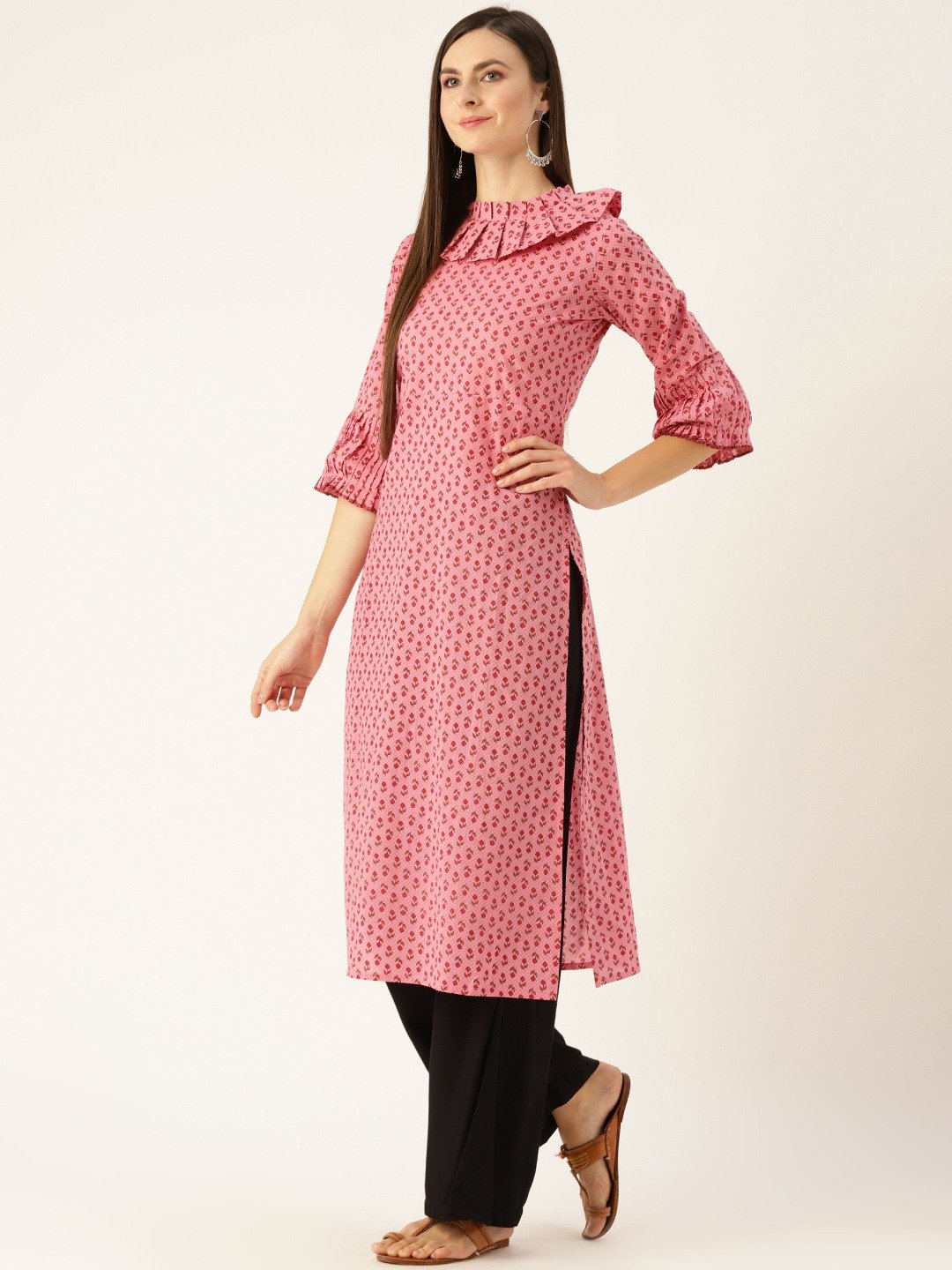 Women's Pink Calf Length Three-Quarter Sleeves Straight Ethnic Motifs Printed  Kurta - Nayo Clothing