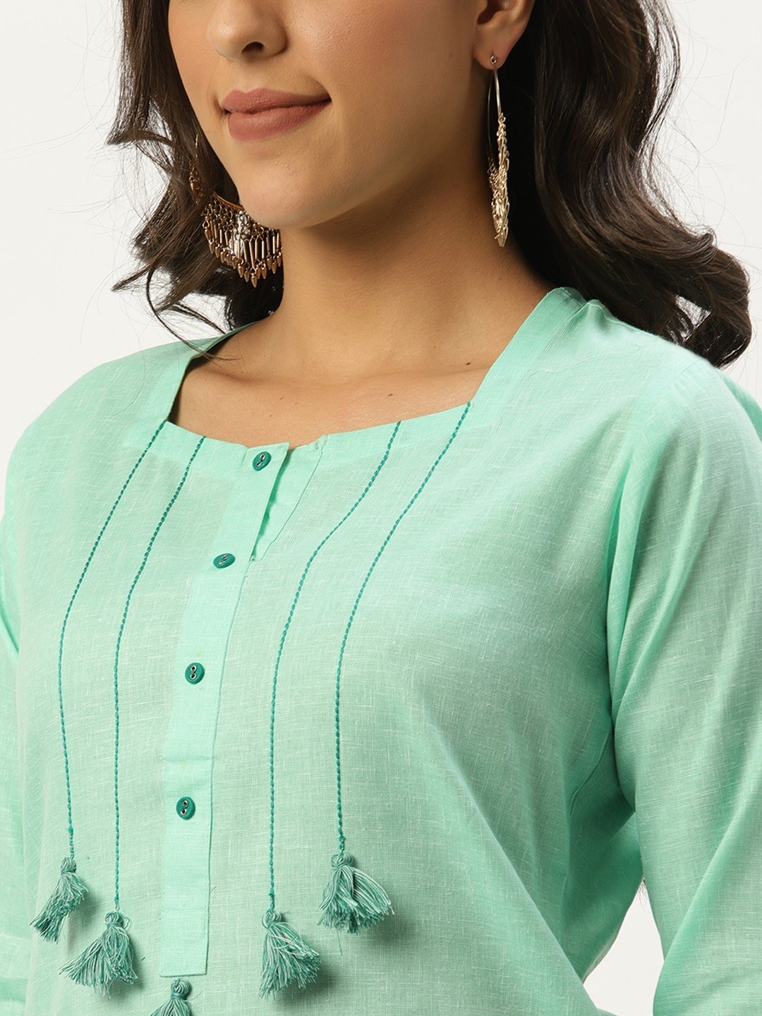 Women's Green Calf Length Three-Quarter Sleeves Straight Solid Cotton Kurta - Nayo Clothing