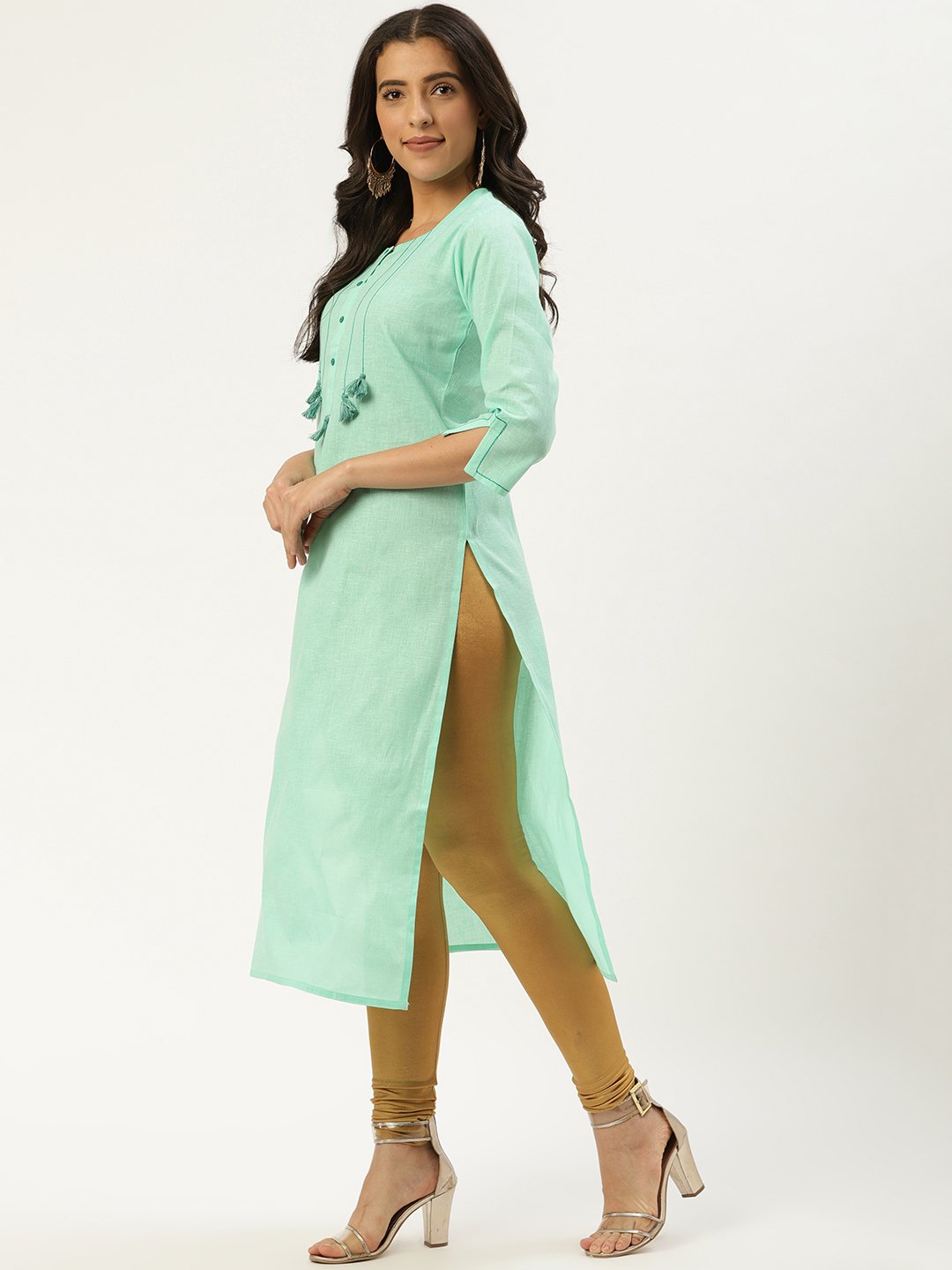 Women's Green Calf Length Three-Quarter Sleeves Straight Solid Cotton Kurta - Nayo Clothing