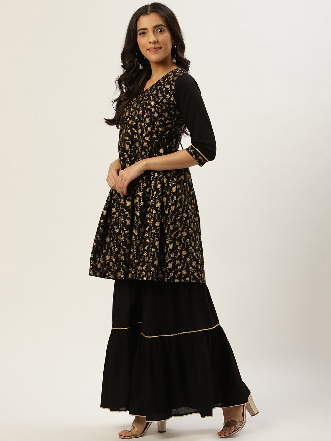 Women's Black Three-Quarter Sleeves Flared Peplum Kurta And Sharara Set - Nayo Clothing