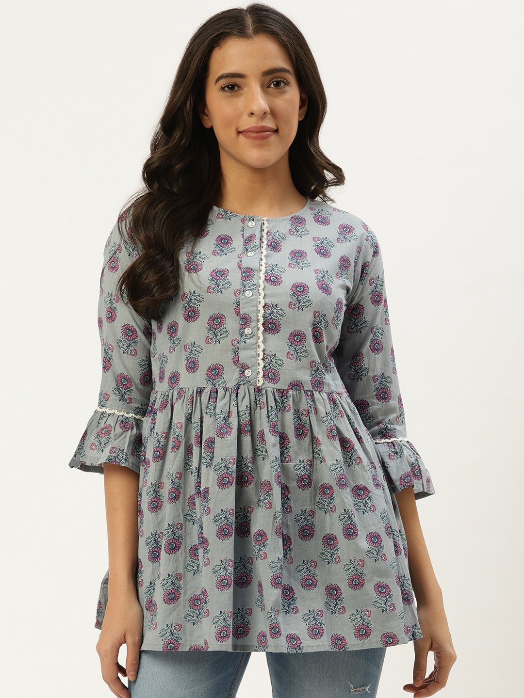 Women's Grey  Printed Flared Floral Pure Cotton Kurti - Nayo Clothing