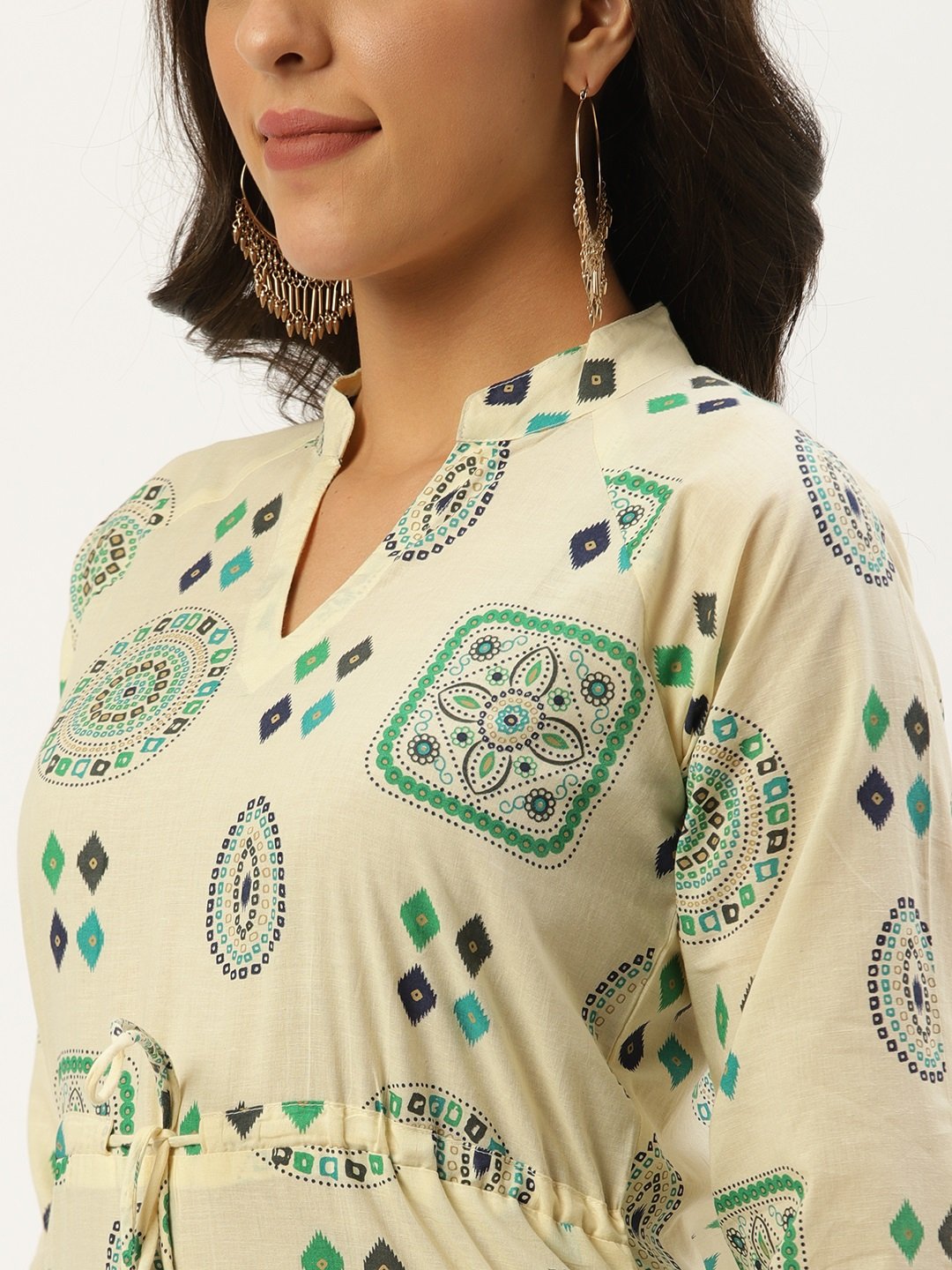 Women's Cream Calf Length Long Sleeves A-Line Ethnic Motifs Cotton Kurta - Nayo Clothing