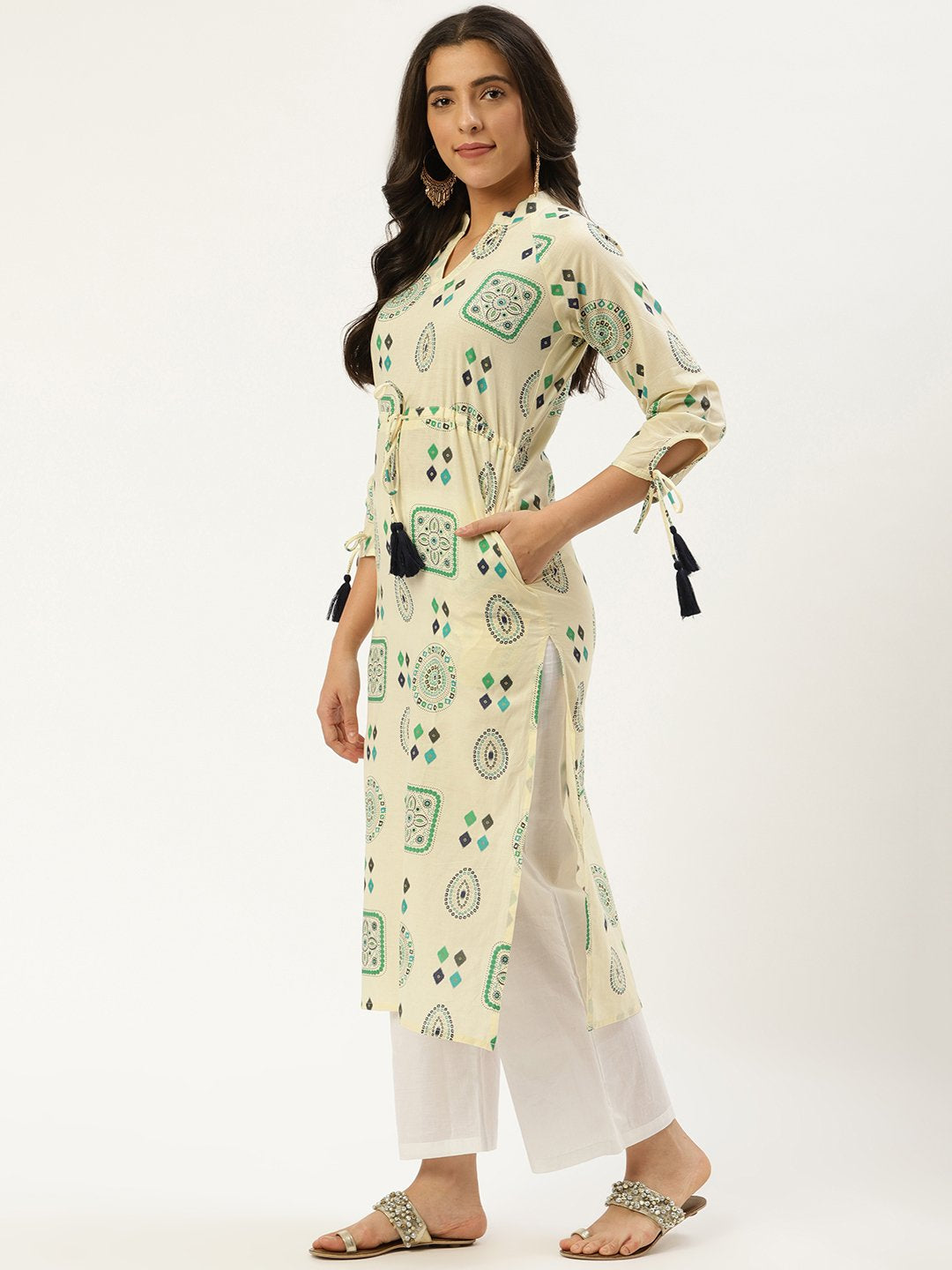 Women's Cream Calf Length Long Sleeves A-Line Ethnic Motifs Cotton Kurta - Nayo Clothing