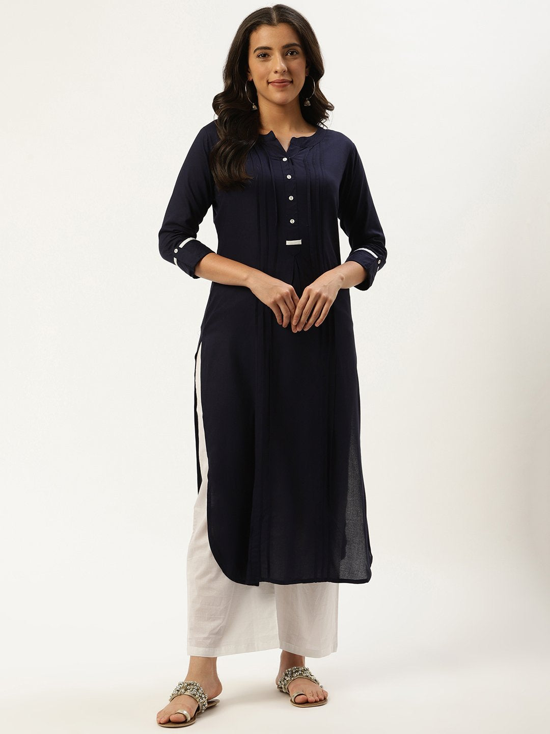 Women's Navy Blue Calf Length Three-Quarter Sleeves Straight Solid Viscose Rayon Kurta - Nayo Clothing