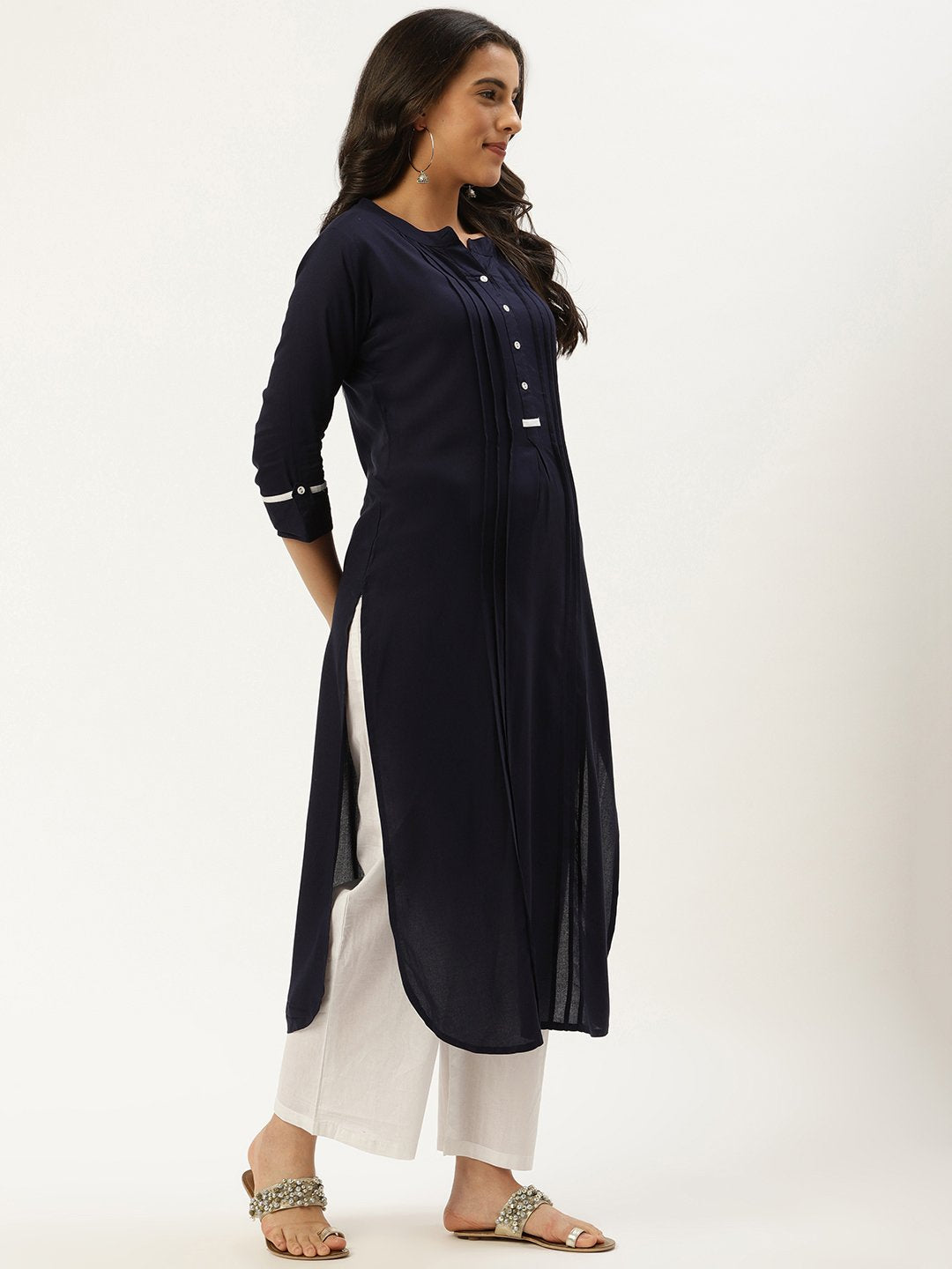 Women's Navy Blue Calf Length Three-Quarter Sleeves Straight Solid Viscose Rayon Kurta - Nayo Clothing
