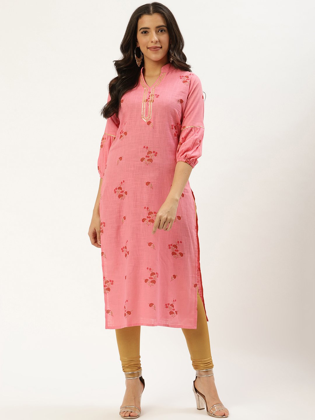 Women's Pink Calf Length Three-Quarter Sleeves Straight Floral Cotton Kurta - Nayo Clothing