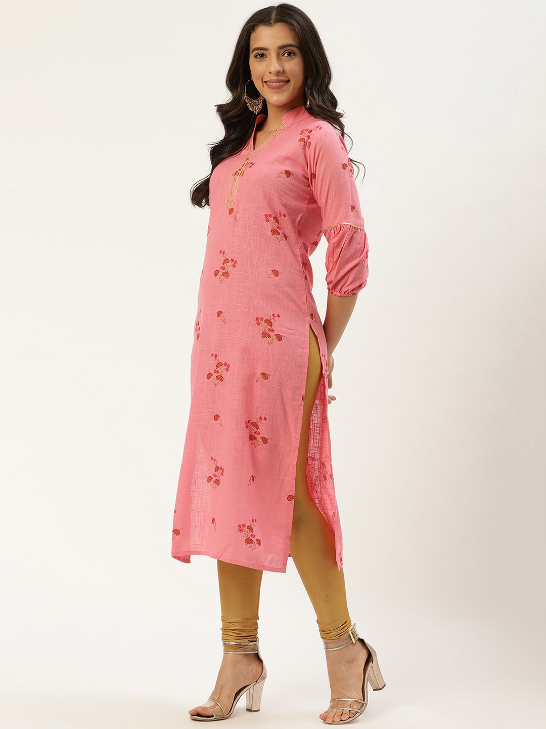 Women's Pink Calf Length Three-Quarter Sleeves Straight Floral Cotton Kurta - Nayo Clothing