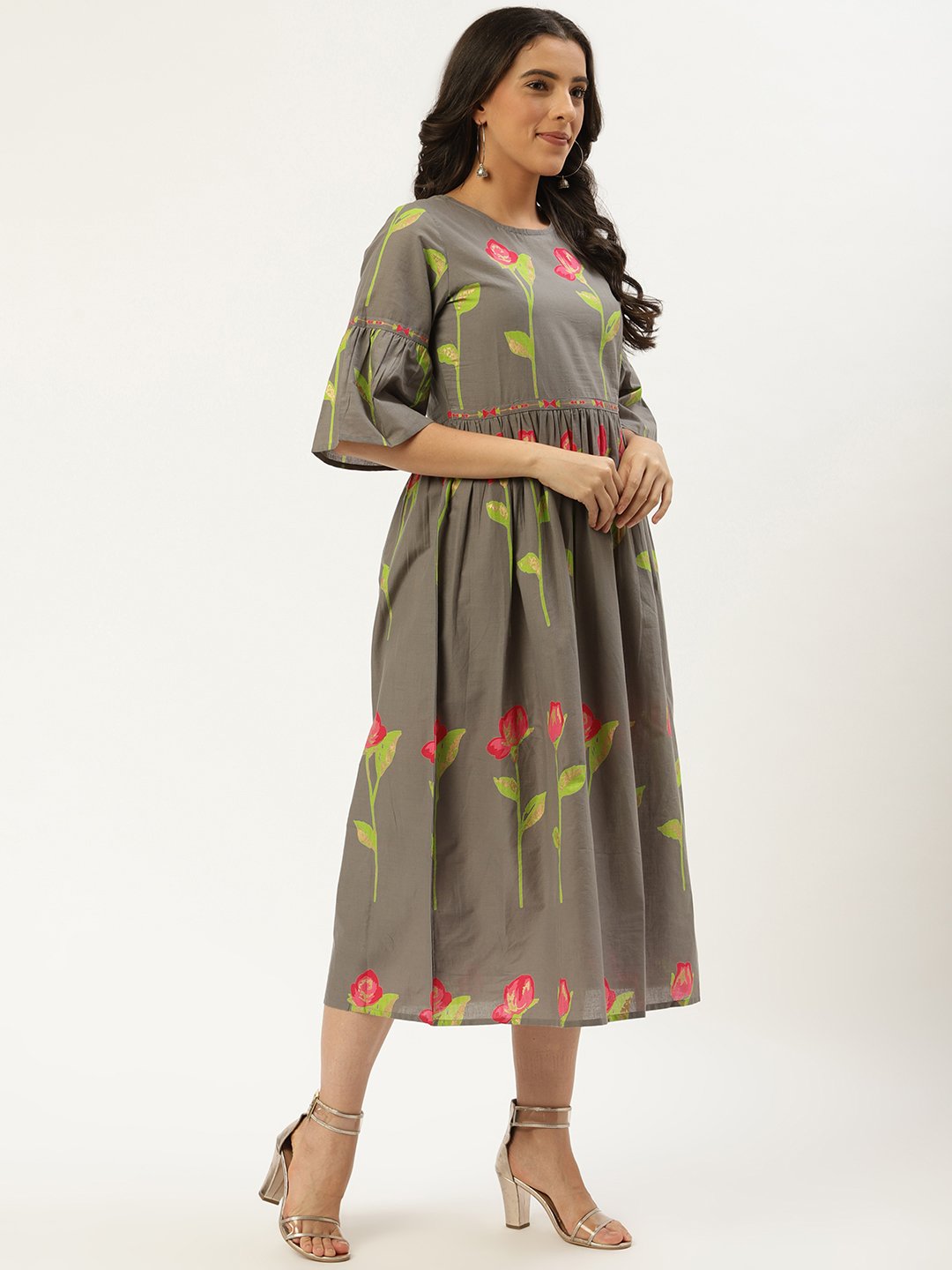 Women's Grey Floral Printed Round Neck Cotton A-Line Dress - Nayo Clothing