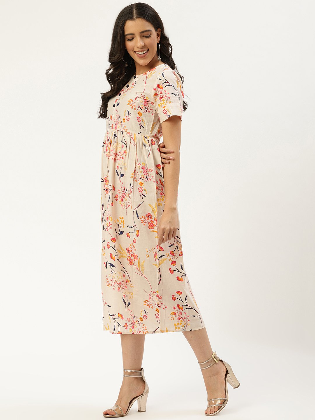 Women's Yellow Floral Printed Round Neck Cotton A-Line Dress - Nayo Clothing