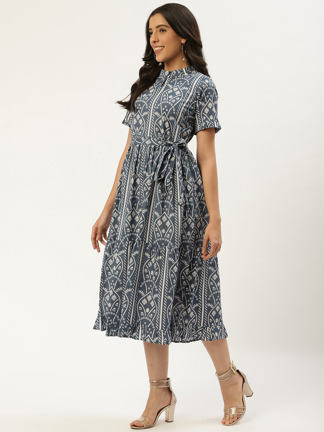 Women's Blue Ethnic Motifs Printed High-Neck Cotton A-Line Dress - Nayo Clothing