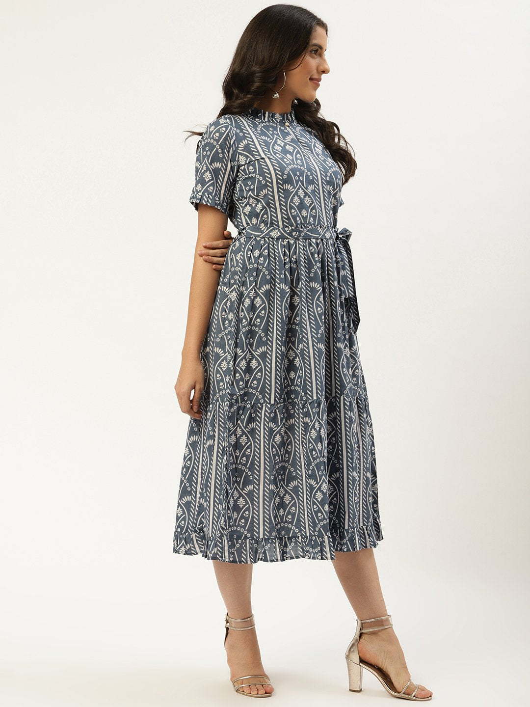 Women's Blue Ethnic Motifs Printed High-Neck Cotton A-Line Dress - Nayo Clothing
