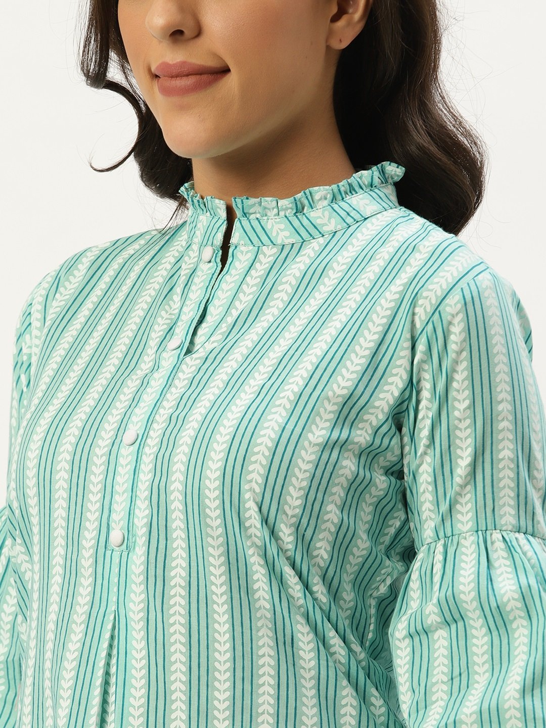 Women's Aqua Green Three-Quarter Sleeves Gathered Or Pleated Top - Nayo Clothing