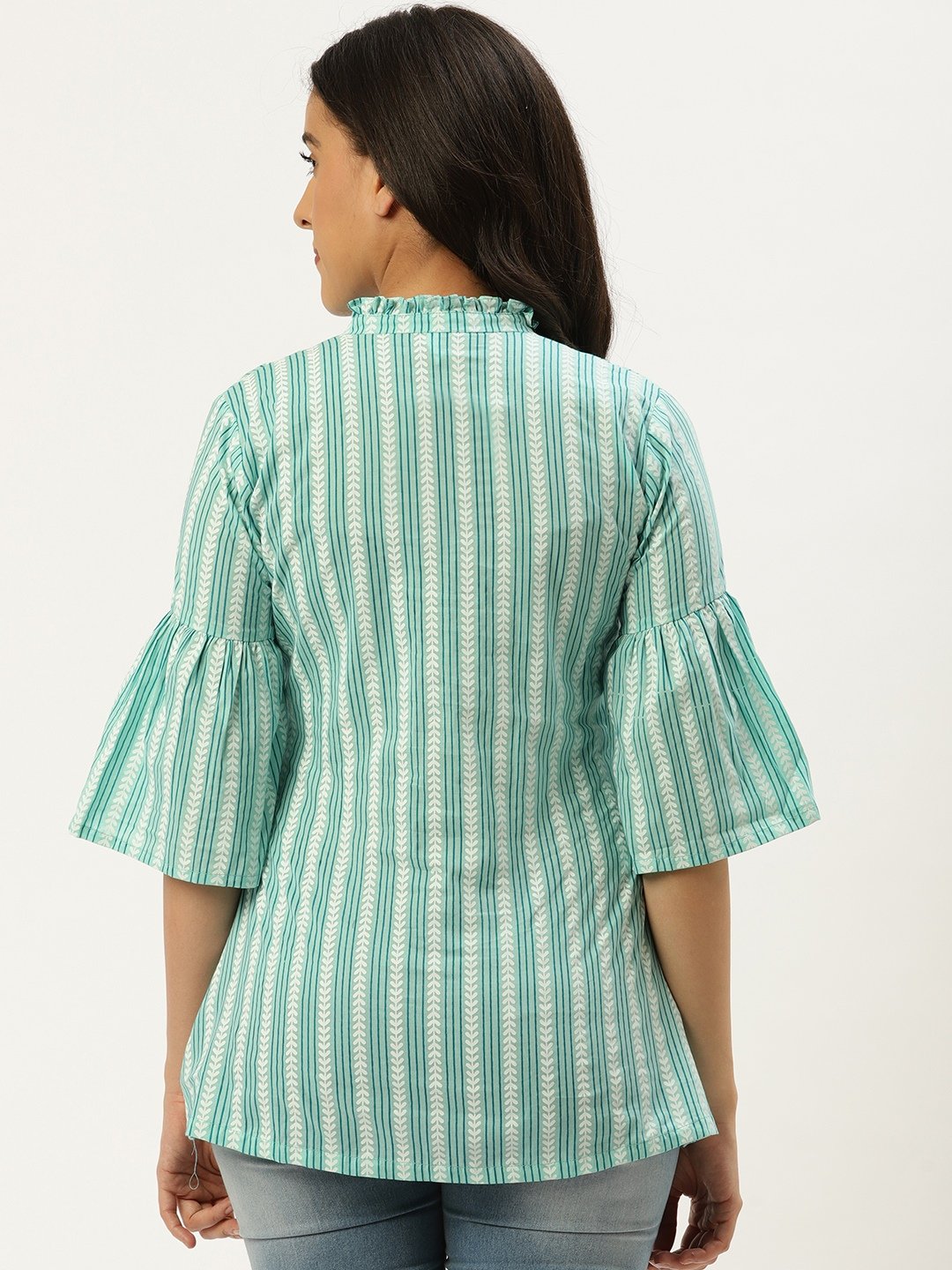 Women's Aqua Green Three-Quarter Sleeves Gathered Or Pleated Top - Nayo Clothing