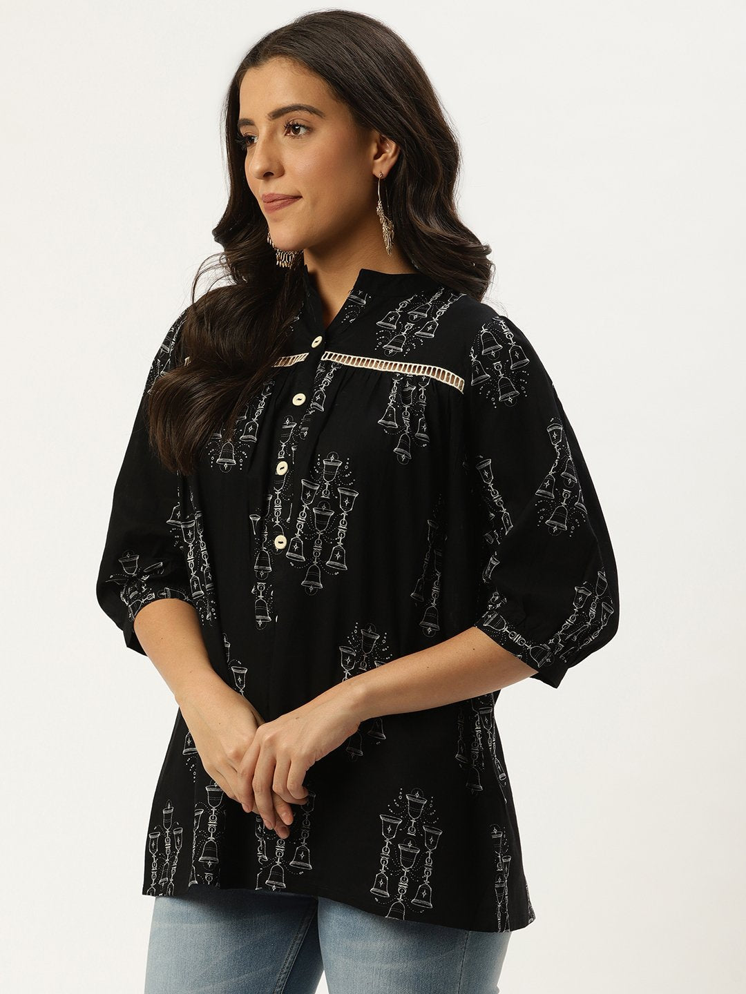 Women's Black Three-Quarter Sleeves Gathered Or Pleated Top - Nayo Clothing