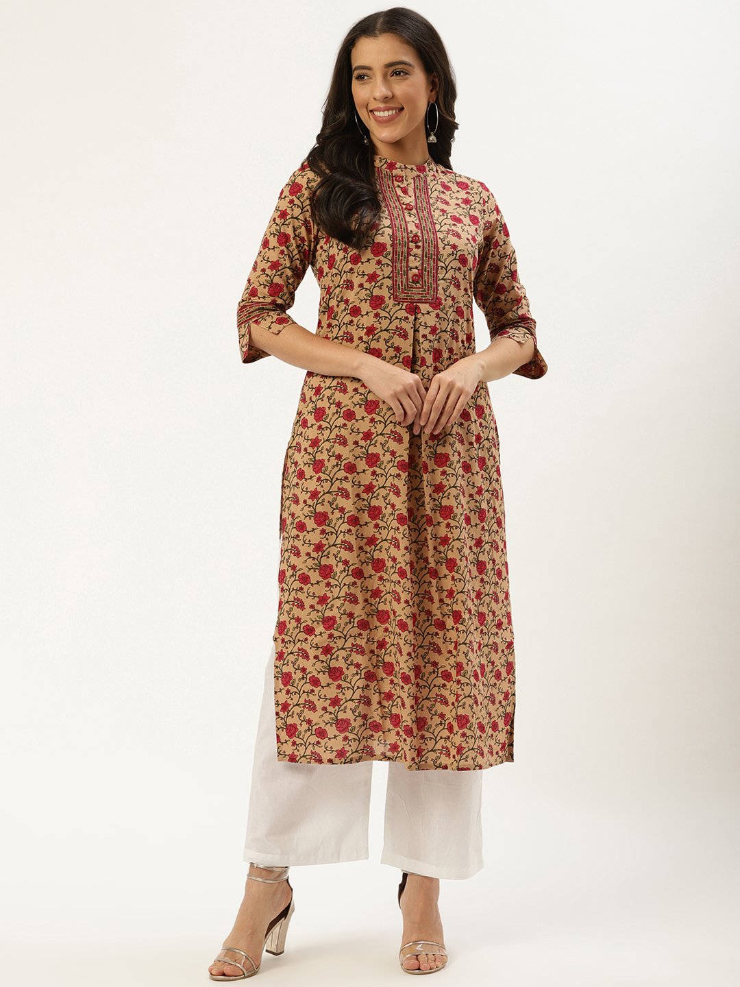 Women's Beige Calf Length Three-Quarter Sleeves Straight Floral Cotton Kurta - Nayo Clothing