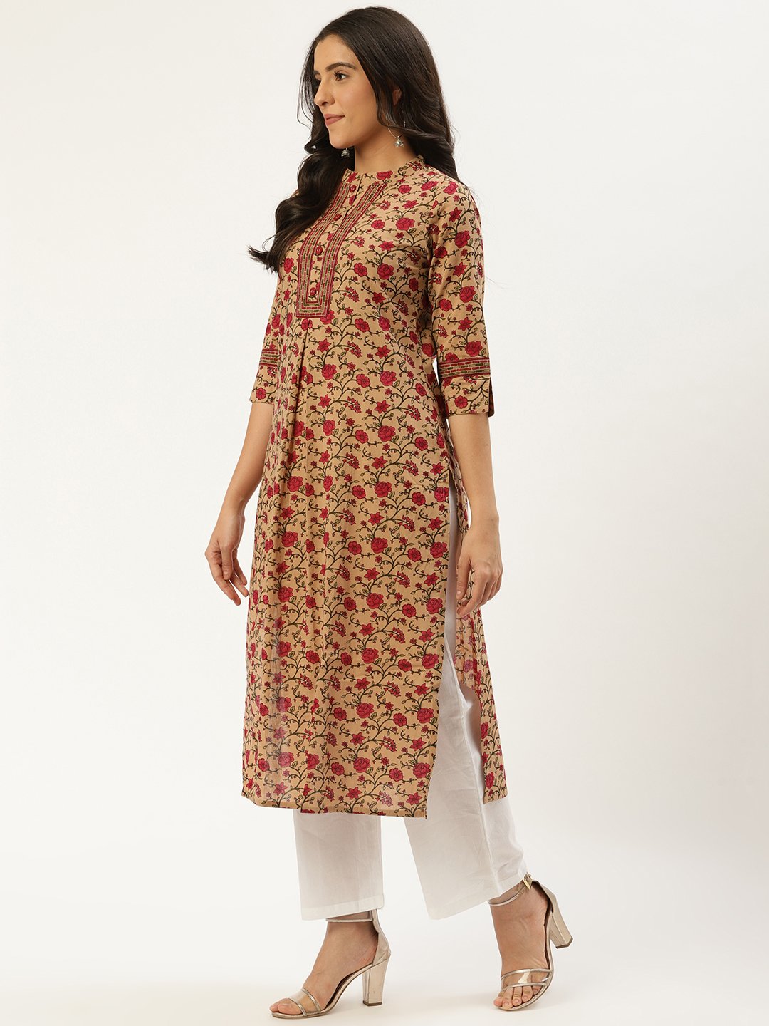 Women's Beige Calf Length Three-Quarter Sleeves Straight Floral Cotton Kurta - Nayo Clothing