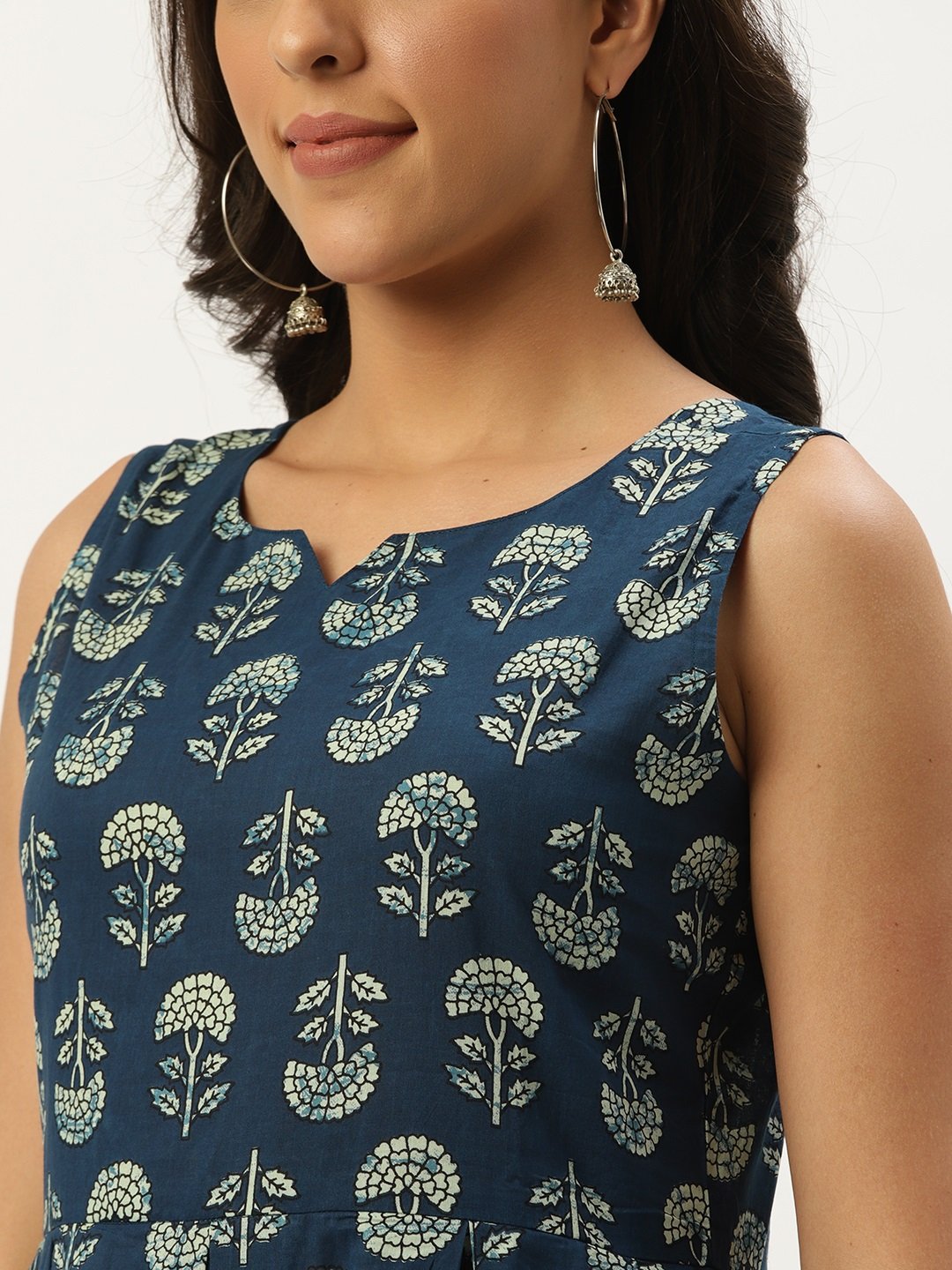 Women's Indigo Blue Floral Printed V-Neck Cotton A-Line Dress - Nayo Clothing