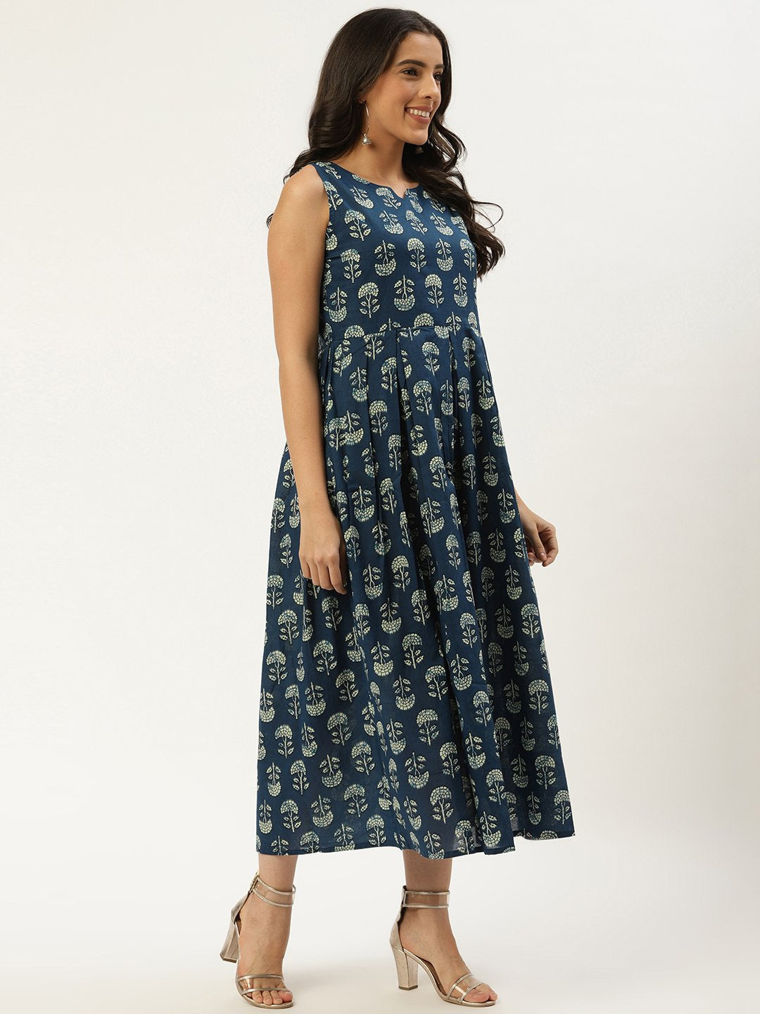 Women's Indigo Blue Floral Printed V-Neck Cotton A-Line Dress - Nayo Clothing