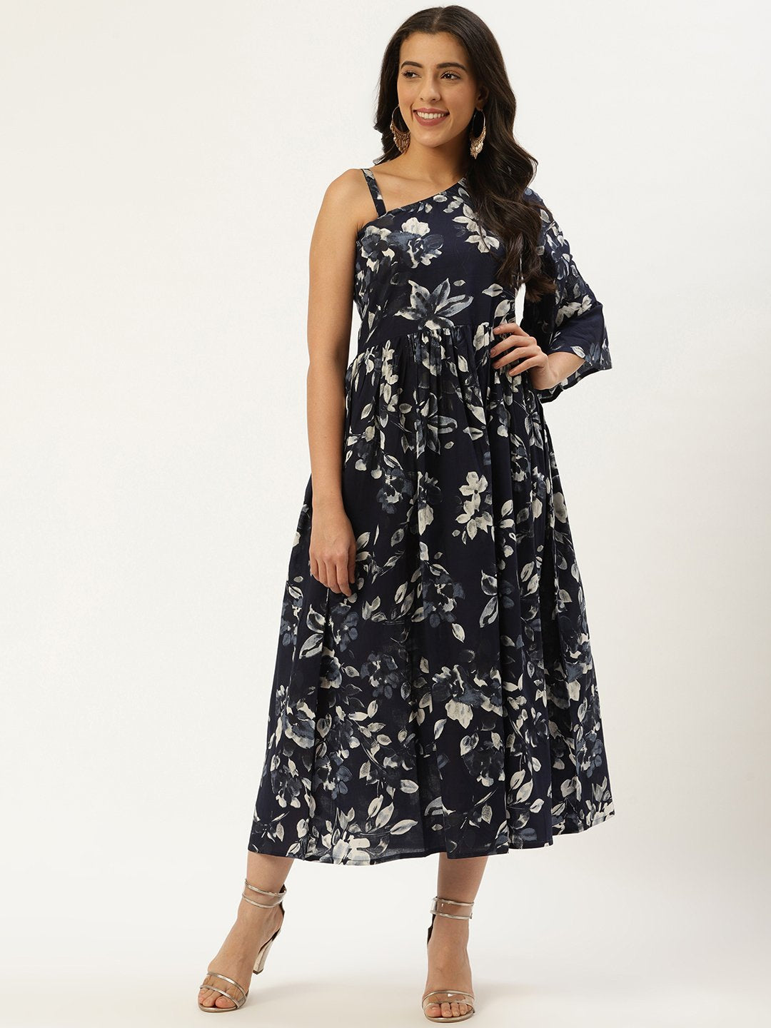 Women's Indigo Blue Floral Printed One Shoulder Cotton A-Line Dress - Nayo Clothing