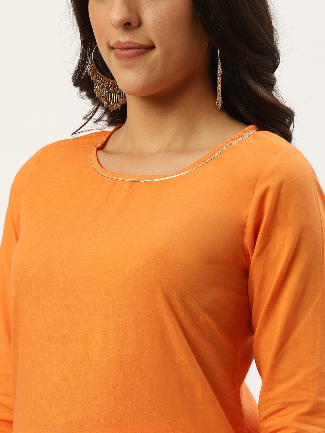 Women's Rust Orange Three-Quarter Sleeves Straight Kurta And Trouser Pant Set - Nayo Clothing