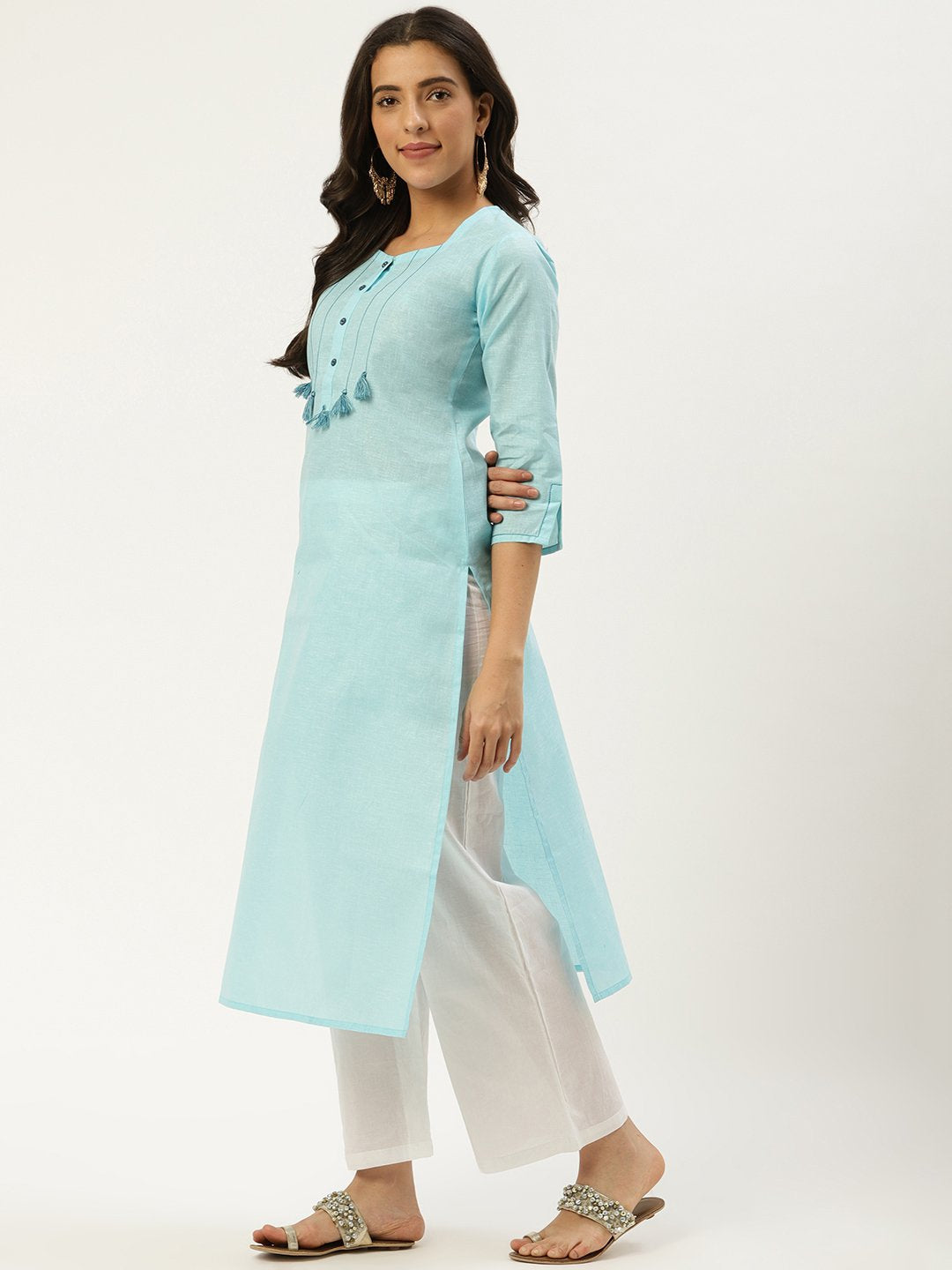 Women's Light Blue Calf Length Three-Quarter Sleeves Straight Solid Cotton Kurta - Nayo Clothing