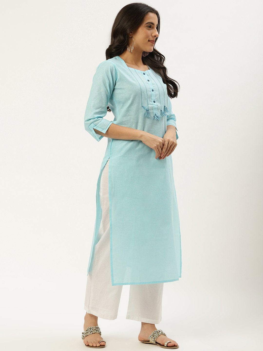 Women's Light Blue Calf Length Three-Quarter Sleeves Straight Solid Cotton Kurta - Nayo Clothing