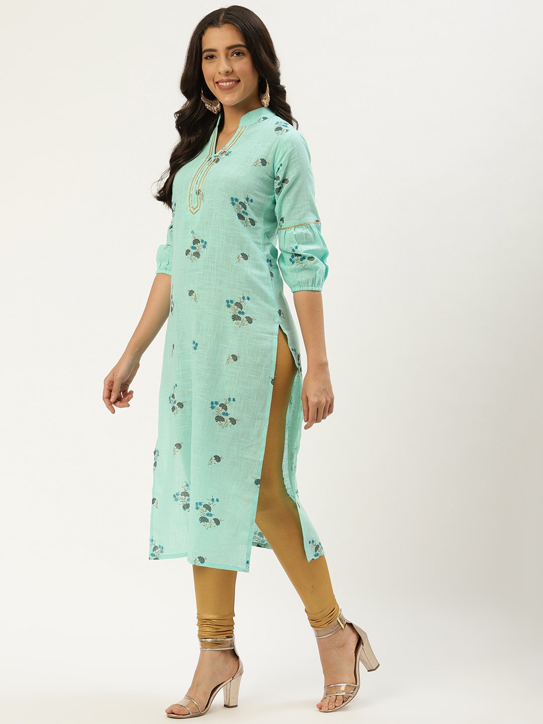 Women's Pastel Green Calf Length Three-Quarter Sleeves Straight Floral Cotton Kurta - Nayo Clothing