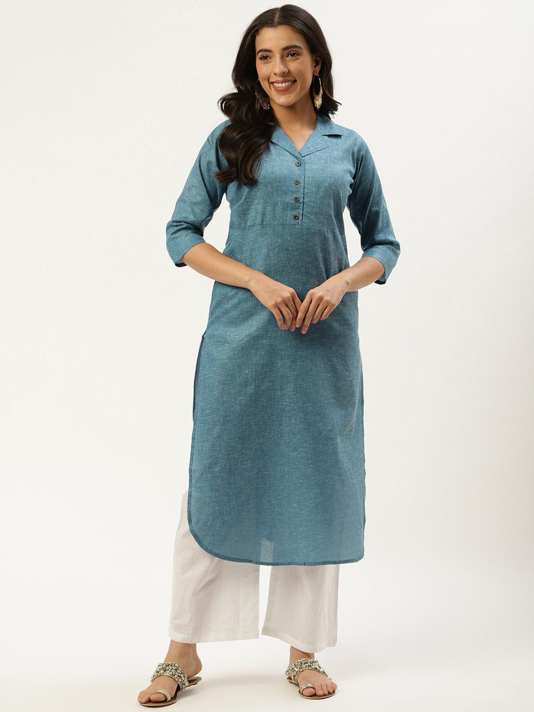Women's Teal Blue Calf Length Three-Quarter Sleeves Straight Lapel Neck Solid Cotton Kurta - Nayo Clothing