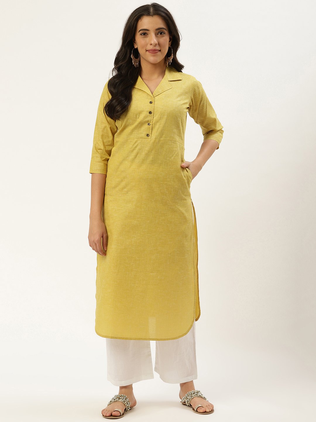 Women's Green Calf Length Three-Quarter Sleeves Straight Lapel Neck Solid Cotton Kurta - Nayo Clothing