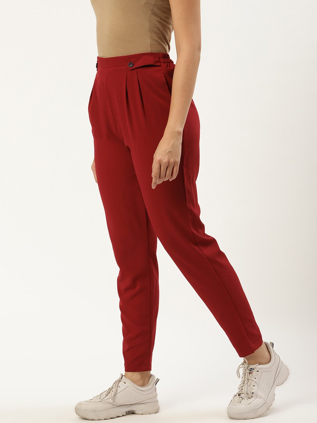 Women's Maroon Regular Texture Crepe Straigth Trouser Pant - Nayo Clothing