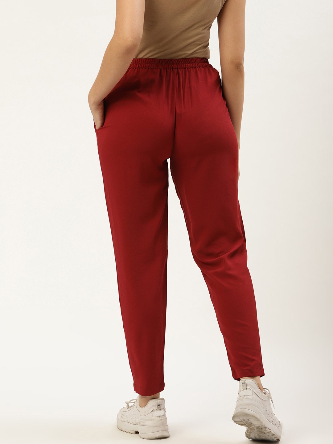 Women's Maroon Regular Texture Crepe Straigth Trouser Pant - Nayo Clothing