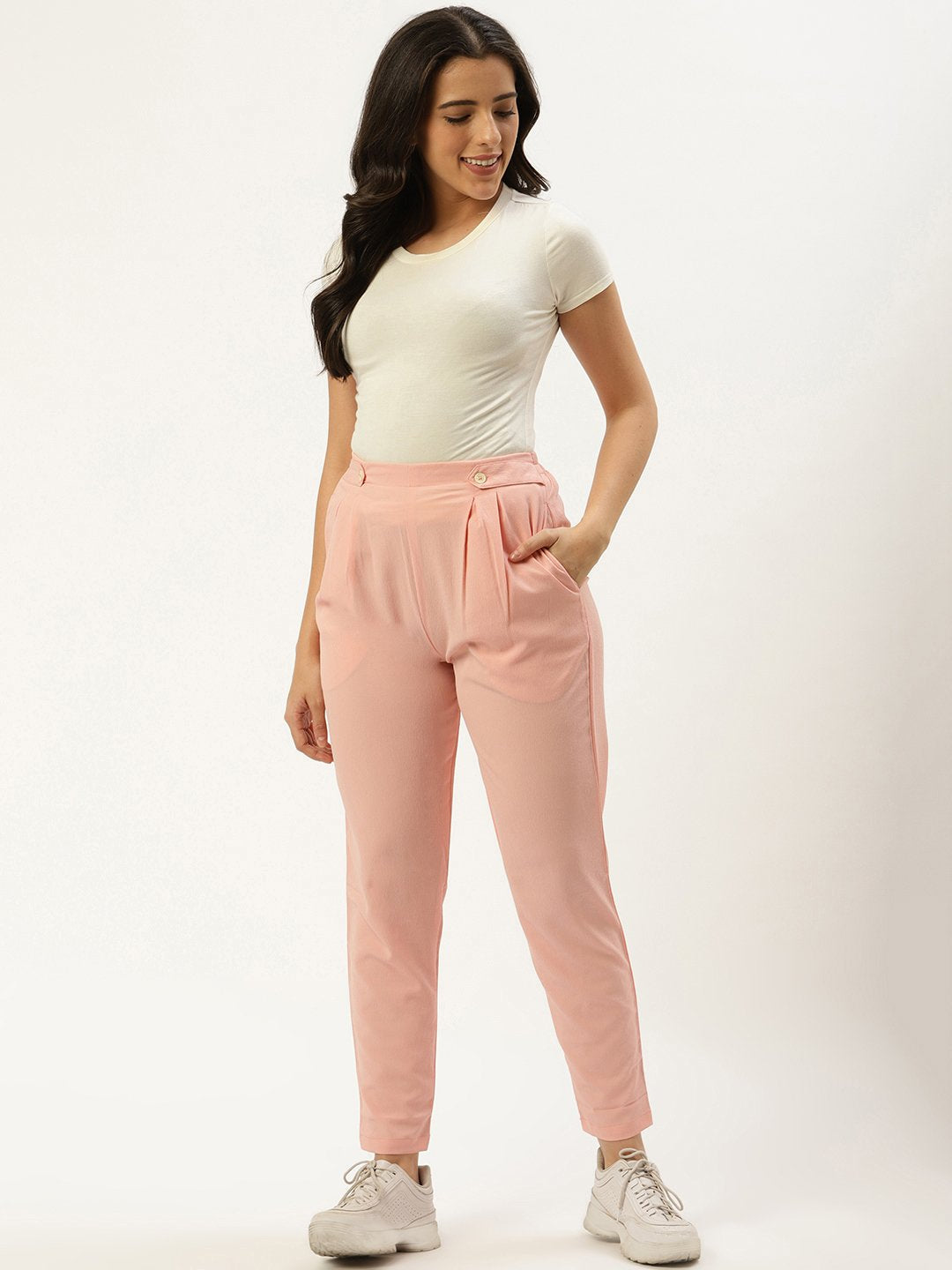 Women's Pastel Pink Regular Texture Crepe Straigth Trouser Pant - Nayo Clothing