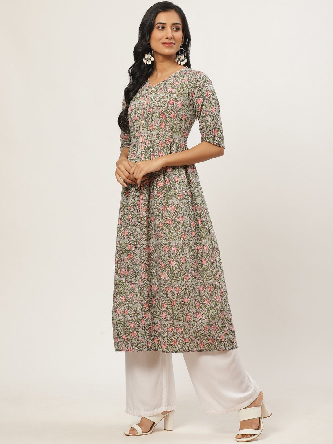 Women's Multi Calf Length Three-Quarter Sleeves A-Line Floral Printed Cotton Kurta - Nayo Clothing
