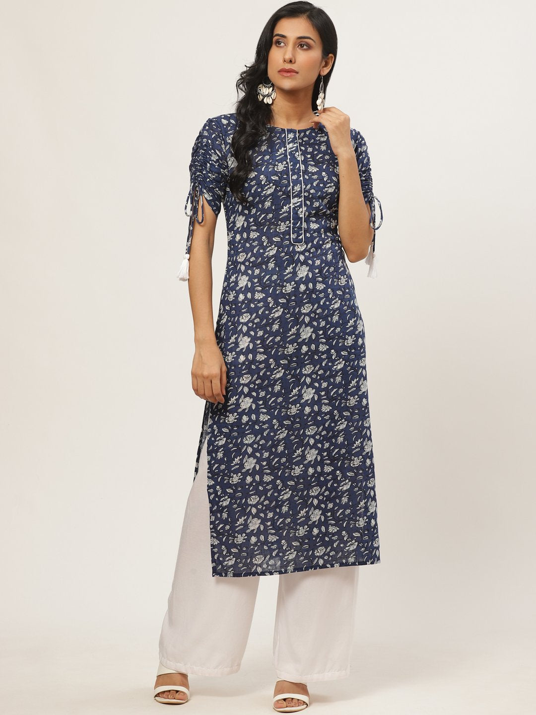 Women's Navy Blue Calf Length Three-Quarter Sleeves Straight Floral Printed Cotton Kurta - Nayo Clothing