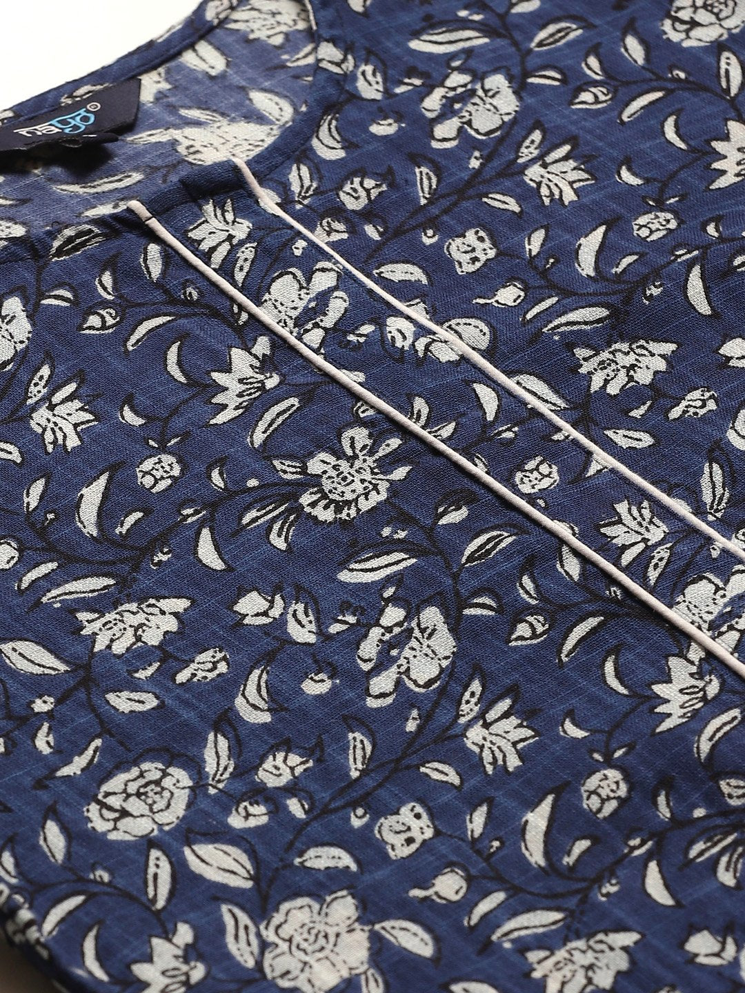Women's Navy Blue Calf Length Three-Quarter Sleeves Straight Floral Printed Cotton Kurta - Nayo Clothing