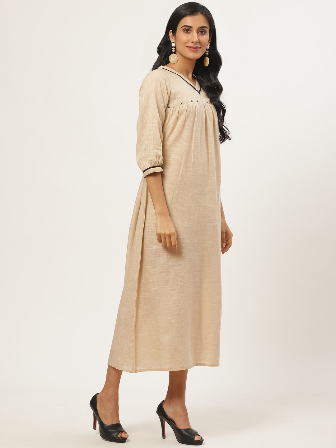 Women's Beige Solid Solid V-Neck Cotton A-Line Dress - Nayo Clothing