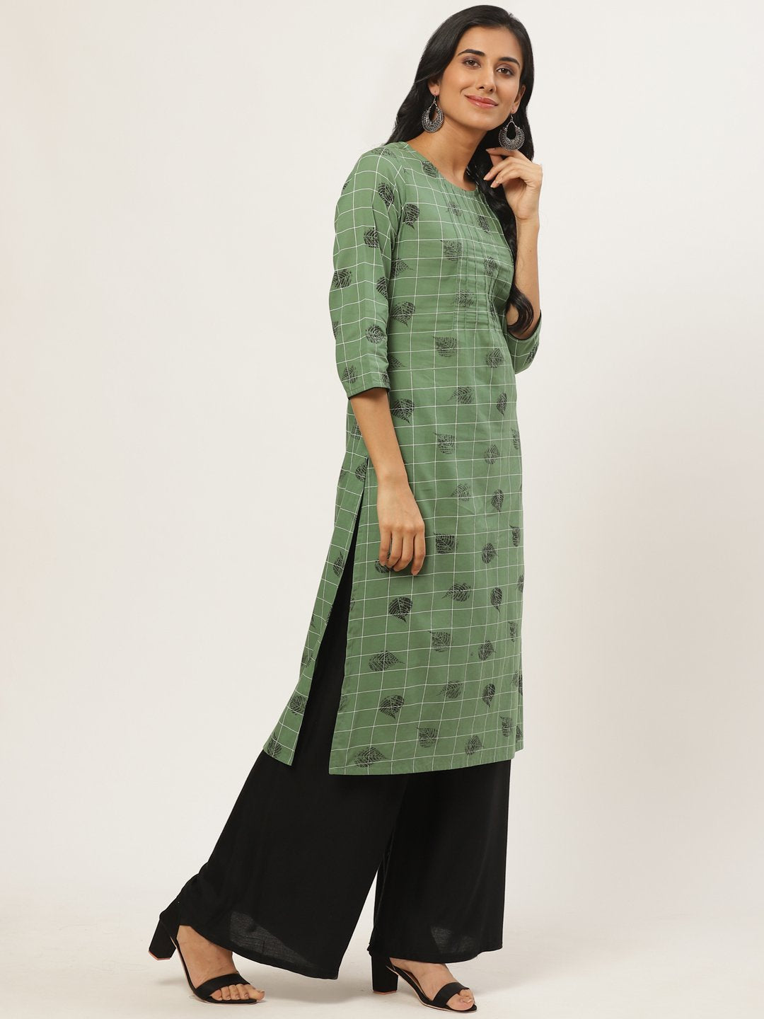 Women's Green Calf Length Three-Quarter Sleeves Straight Ethnic Motifs Yoke Design Cotton Kurta - Nayo Clothing