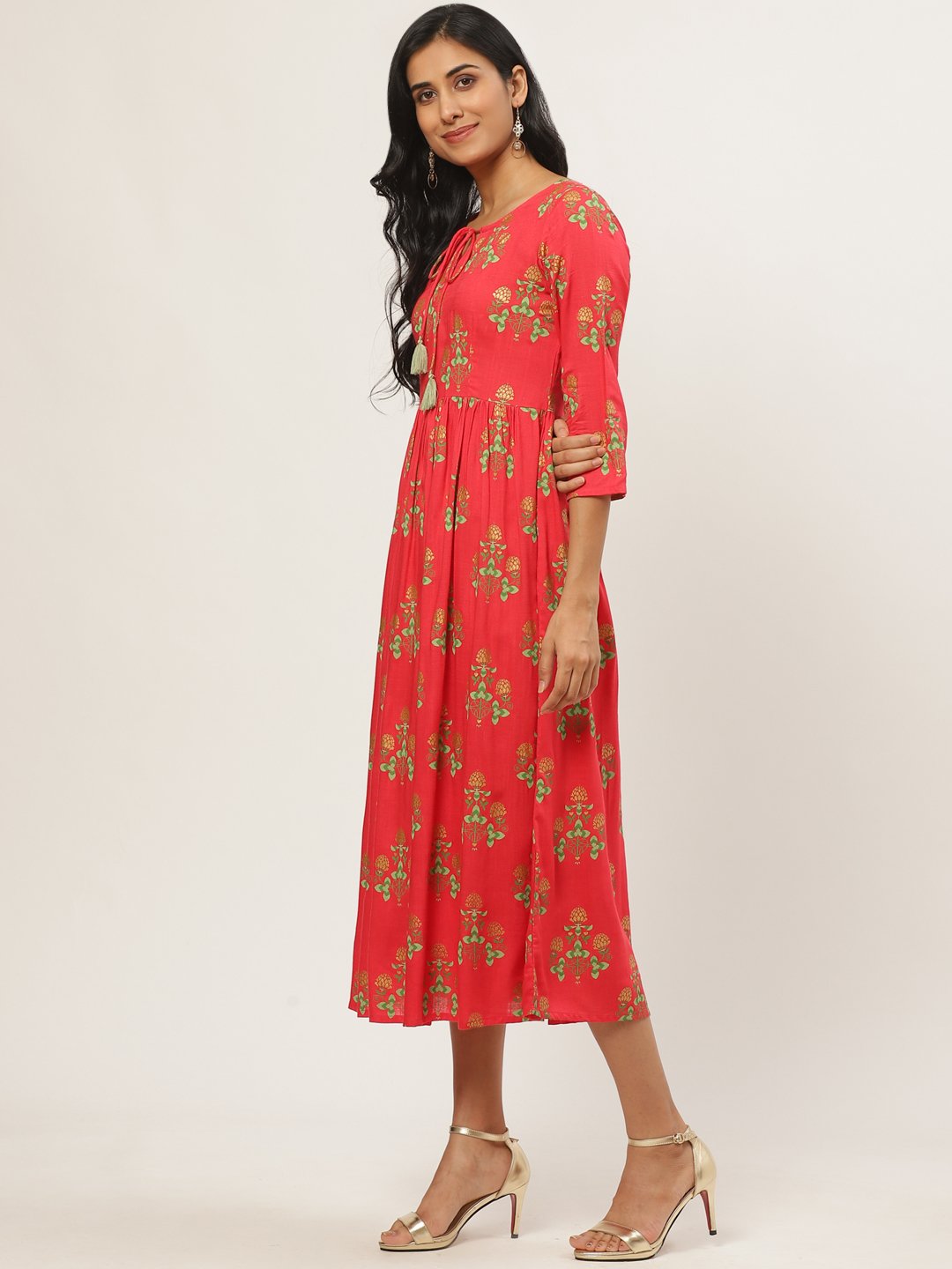 Women's Coral Floral Printed V-Neck Cotton Fit And Flare Dress - Nayo Clothing