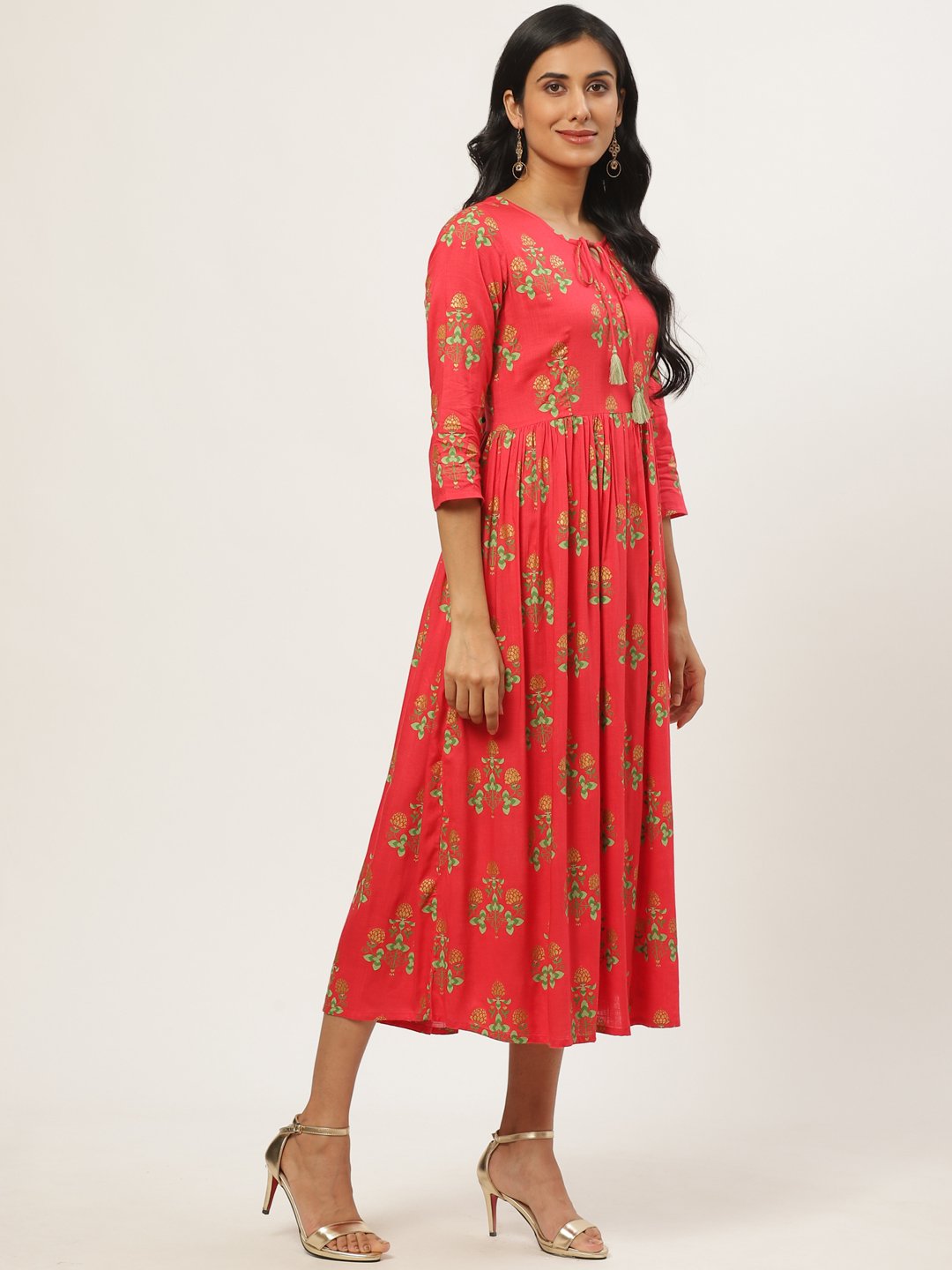 Women's Coral Floral Printed V-Neck Cotton Fit And Flare Dress - Nayo Clothing