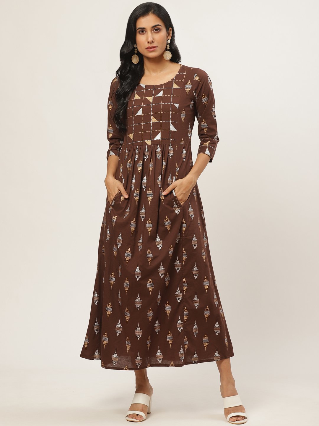Women's Brown Ethnic Motifs Printed Round Neck Cotton Fit And Flare Dress - Nayo Clothing