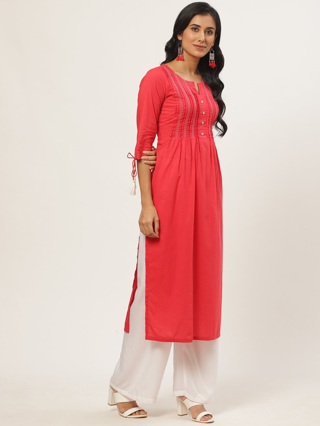 Women's Red Calf Length Three-Quarter Sleeves A-Line Solid Yoke Design Cotton Kurta - Nayo Clothing